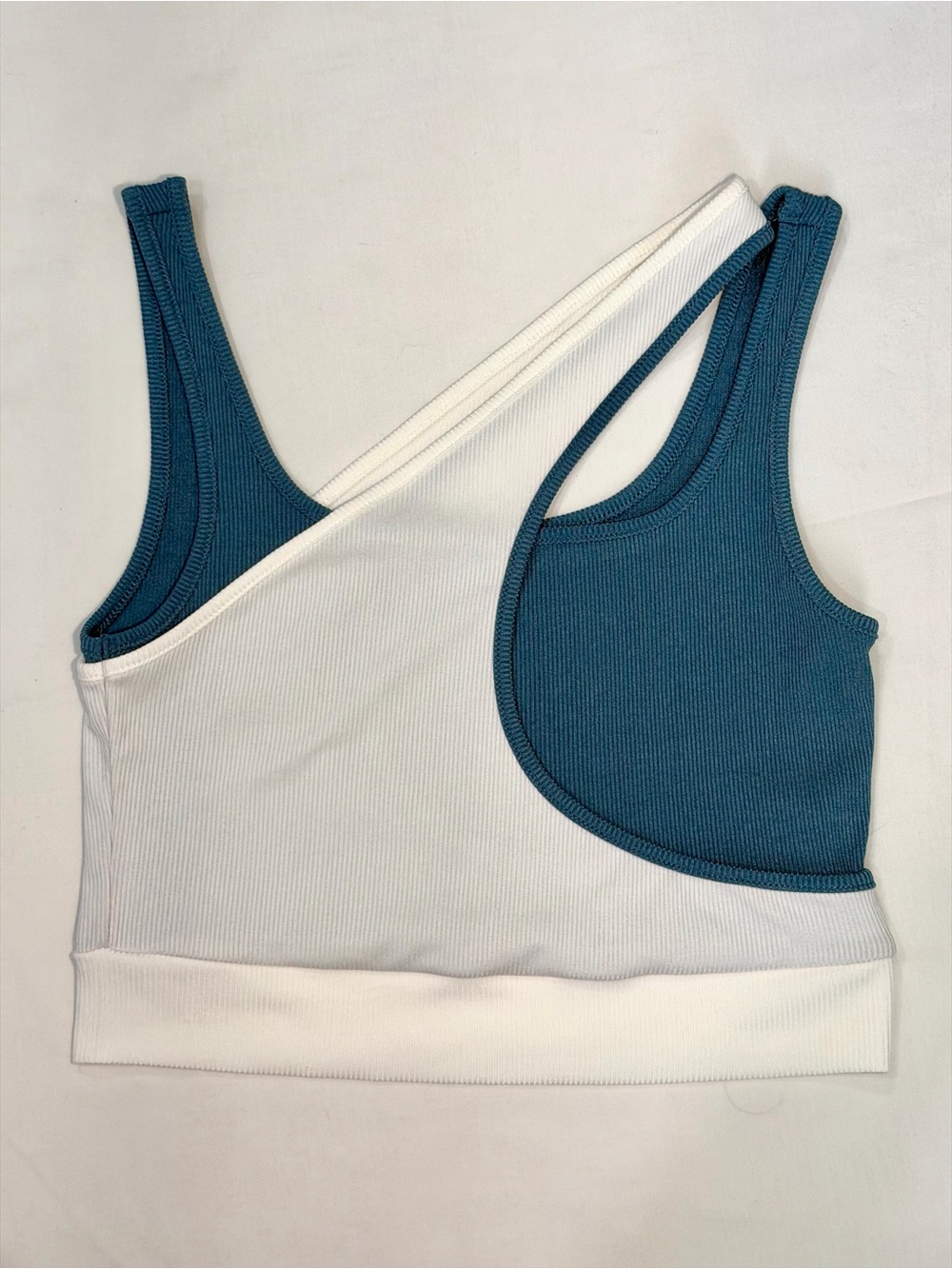 White & Teal Asymmetrical Ribbed Crop Tank - Small